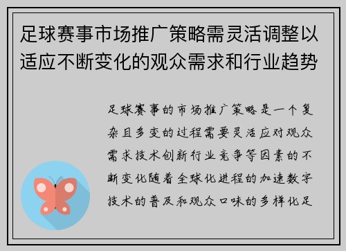 足球赛事市场推广策略需灵活调整以适应不断变化的观众需求和行业趋势