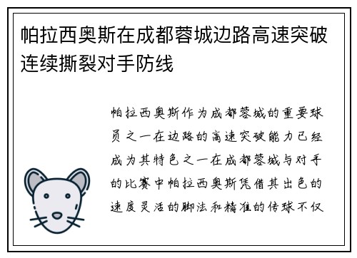 帕拉西奥斯在成都蓉城边路高速突破连续撕裂对手防线