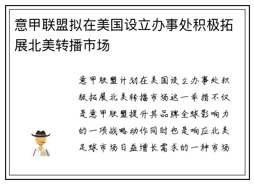 意甲联盟拟在美国设立办事处积极拓展北美转播市场