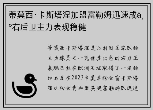 蒂莫西·卡斯塔涅加盟富勒姆迅速成为右后卫主力表现稳健